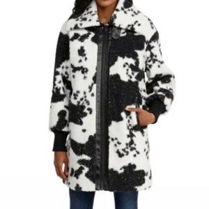 NVLT Berber Cow Print Faux Fur Leather Jacket Coat Black & Cream- Small
